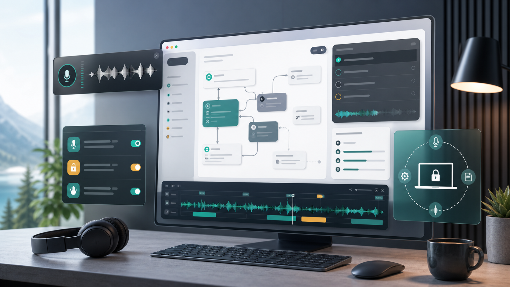 Mac dictation workflow planner with waveform, model cards, and privacy boundary panels.